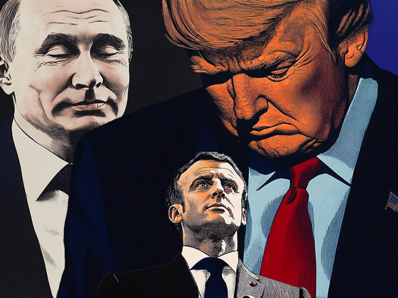Poutine Trump Macron, illustration éditoriale politique internationale